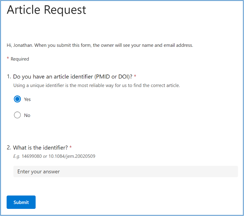 Screenshot of the article request form showing the two questions: 'Do you have an article identifier (PMID or DOI)?', and 'What is the identifier?'.