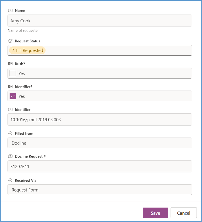 A screenshot of the individual article request item form showing fields and labels for the article request item data.